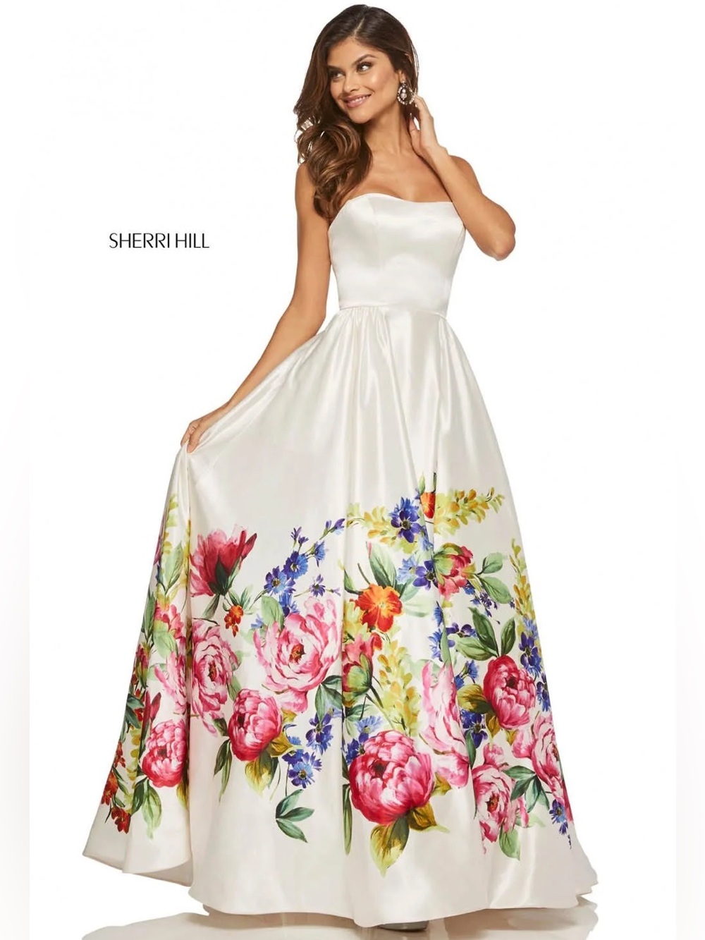 Sherri Hill 52626 Ivory Print Strapless Satin Ball Gown